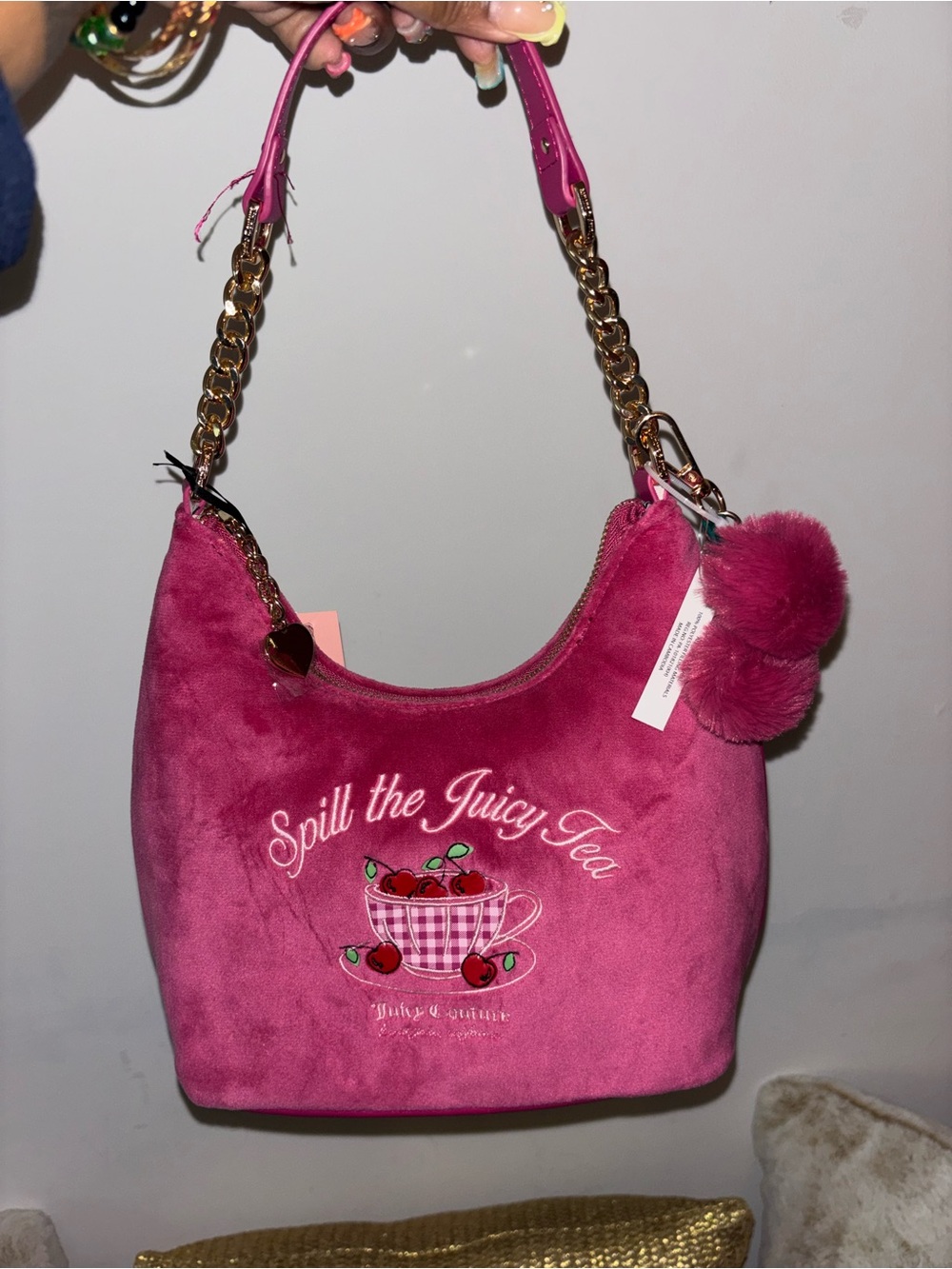 Juicy Couture Hot Pink Velvet Hobo Bag with Pom-Pom Charm